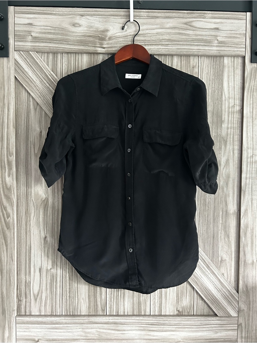 Equipment Slim Signature Black 100% Silk Button Down Shirt Blouse S/P 20" Pit